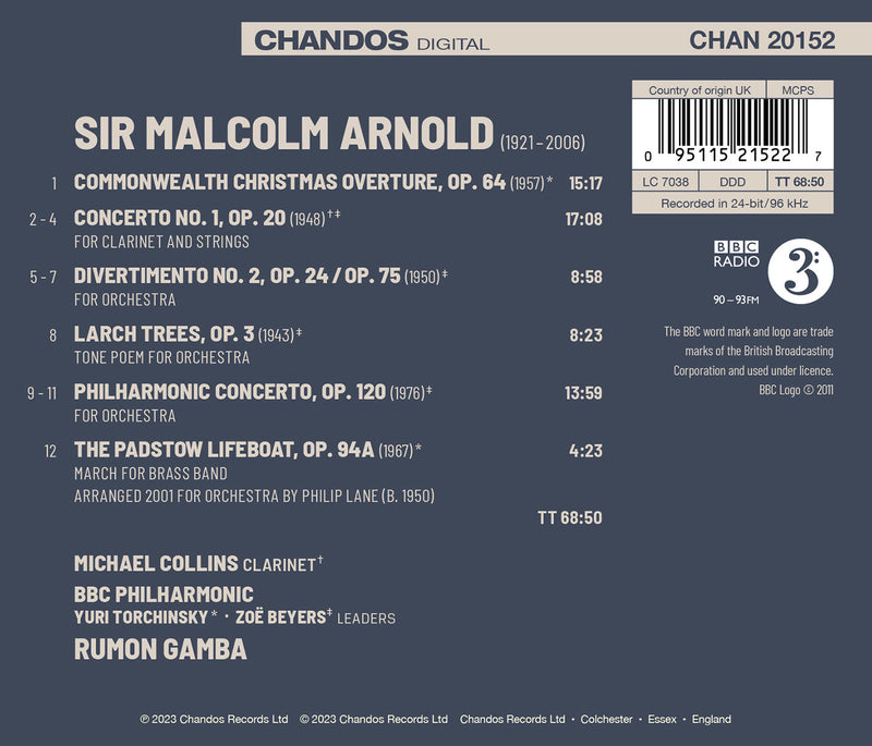 Arnold: Clarinet Concerto & Orchestral Works / Collins, Gumba, BBC Philharmonic