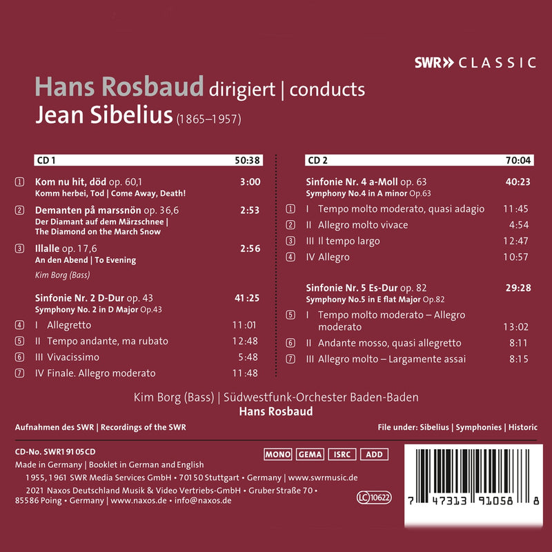 Sibelius: Symphonies Nos. 2, 4 & 5; 3 Lieder / Borg, Rosbaud, Southwest German RSO