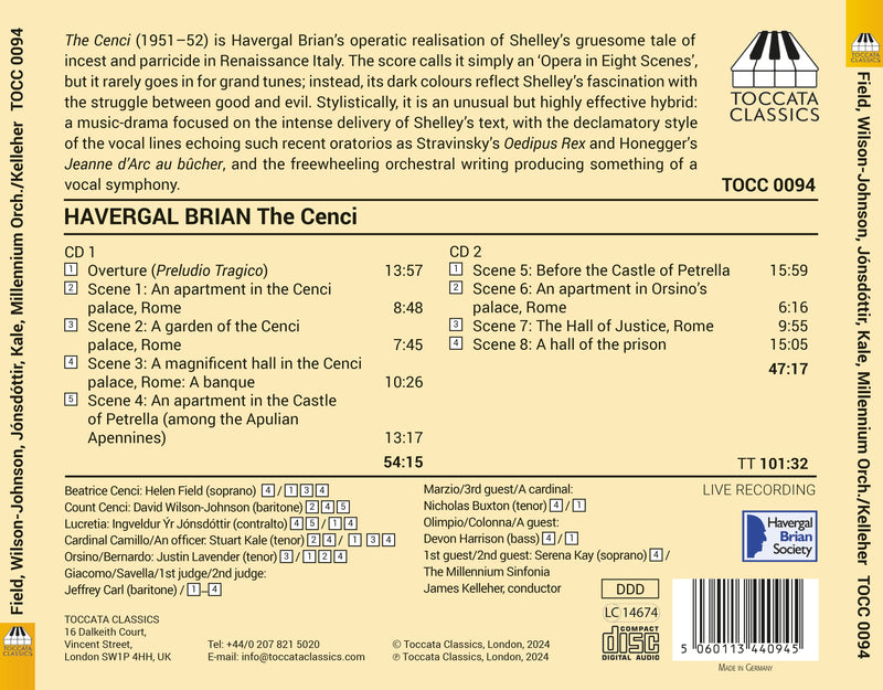 Brian: The Cenci / Kelleher, Millennium Sinfonia