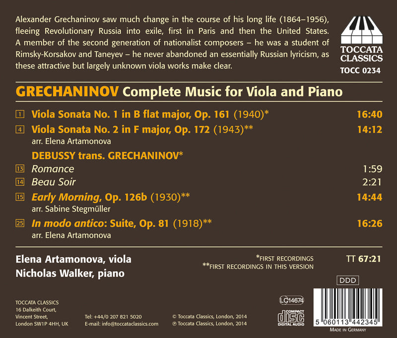 Grechaninov: Complete Music for Viola and Piano / Artamonova, Walker