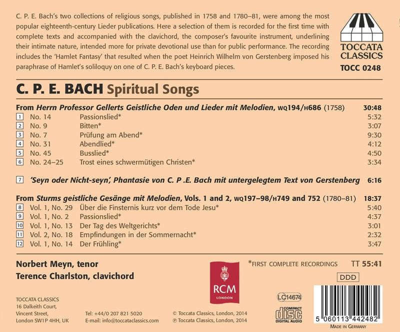 C.P.E. Bach: Spiritual Songs / Meyn, Charston
