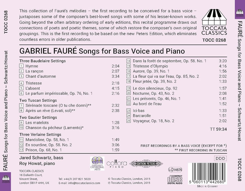 Fauré: Songs For Bass Voice & Piano / Schwartz, Howat