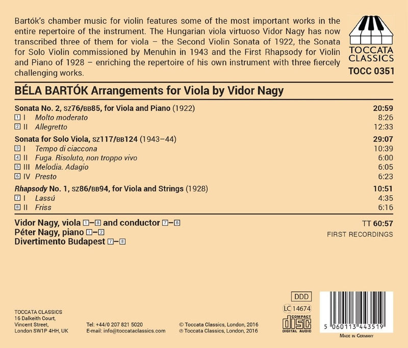 Bartók By Arrangement: Music For Viola / Nagy, Divertimento Budapest