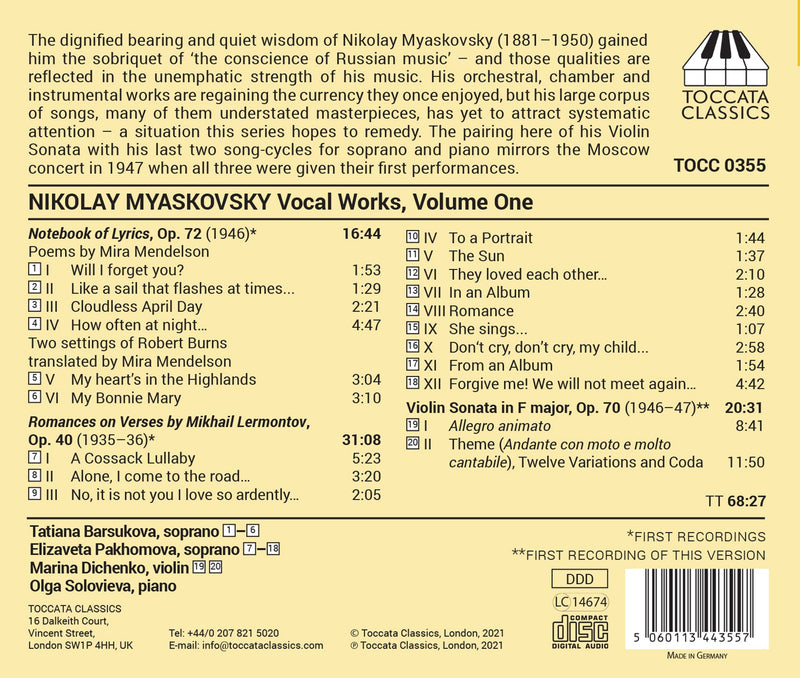 Myaskovsky: Vocal Works, Vol. 1
